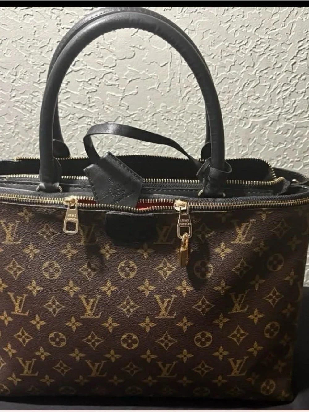 Louis Vuitton Brown Monogram Satchel with Black Handles